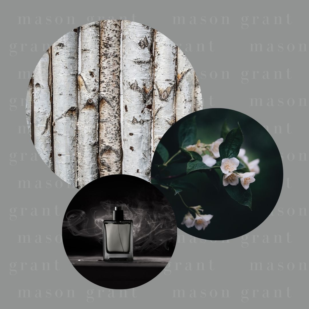 Three circular images of Birch, Jasmine and Musk on a grey background with ‘Mason Grant’ branding