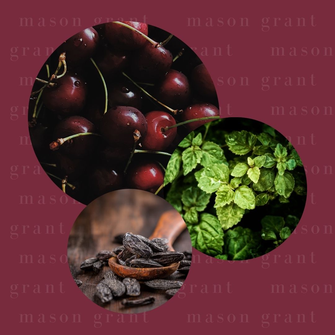 Three circular images of Cherry, Patchouli and Tonka Bean on a maroon background with ‘Mason Grant’ branding