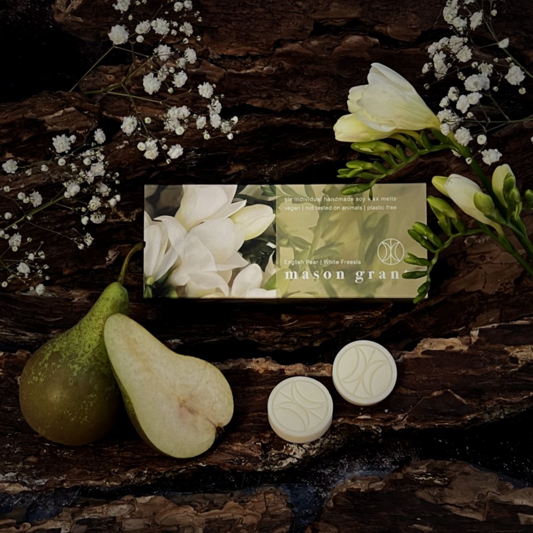 'Mason Grant' English Pear and White Freesia Wax Melts on wood background