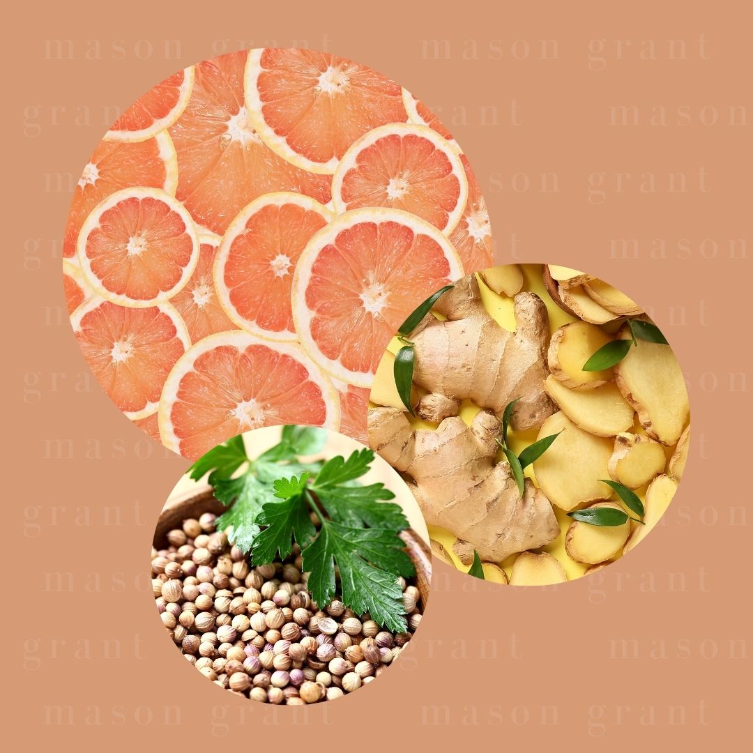 Three circular images of Grapefruit, Ginger and Coriander on a peach background with ‘Mason Grant’ branding