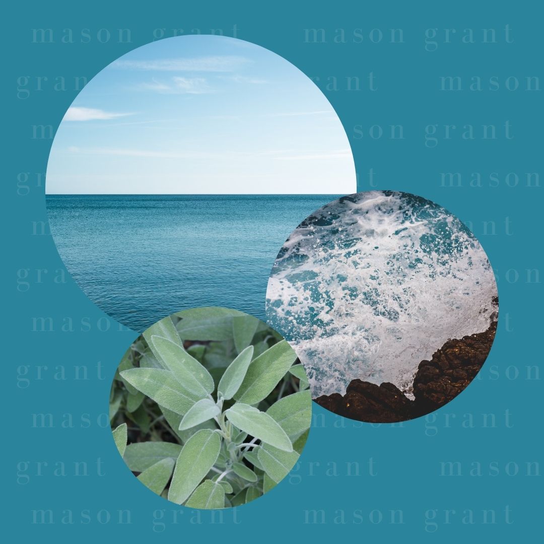 Three circular images of Grey Amber, Sea Spray and Sage on a blue background with ‘Mason Grant’ branding