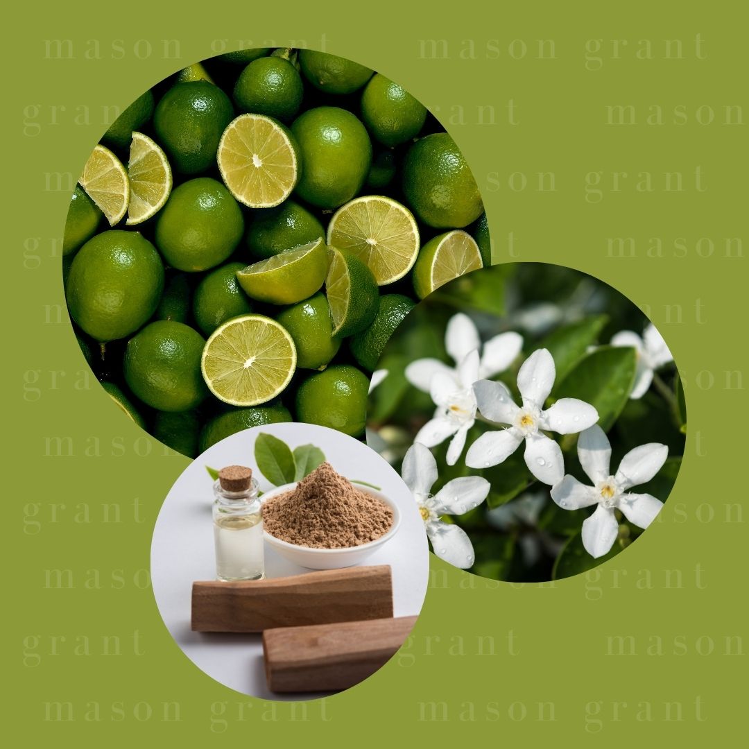 Three circular images of Lime, Jasmine and Sandalwood on a green background with ‘Mason Grant’ branding