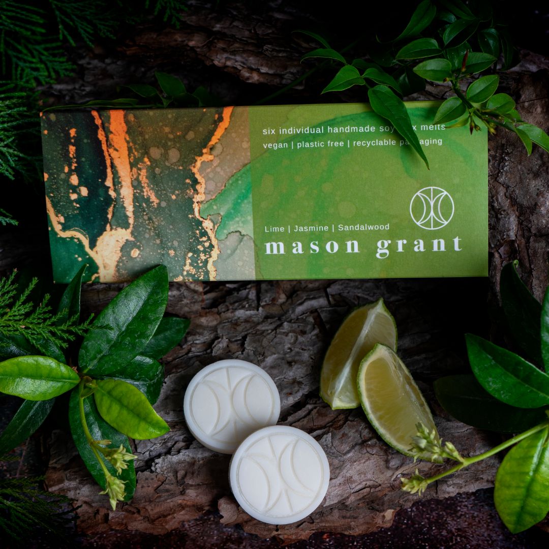 'Mason Grant' Lime, Jasmine and Sandalwood Wax Melts on wood background