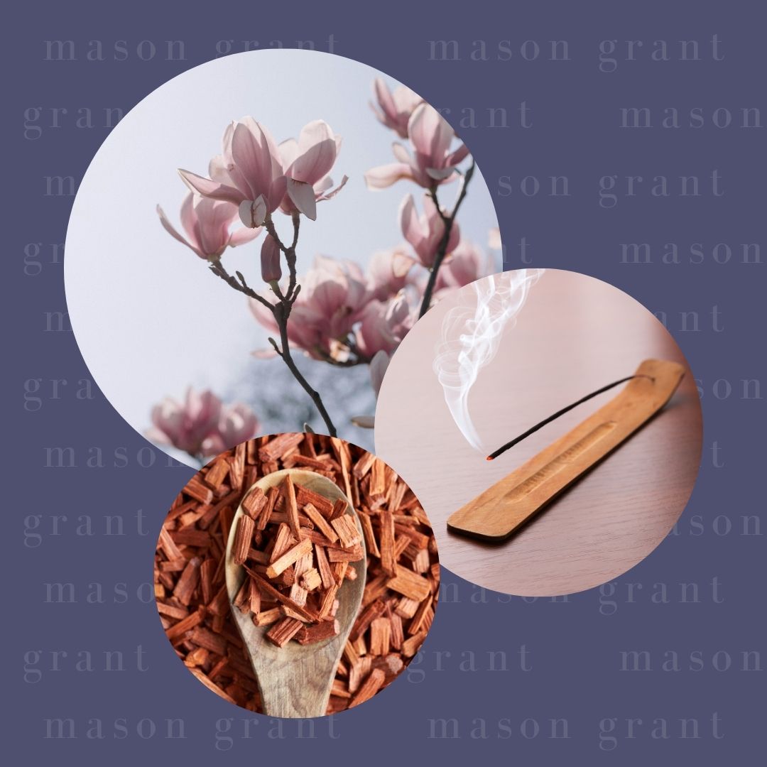 Three circular images of Magnolia, Champak and Sandalwood on a purple background with ‘Mason Grant’ branding