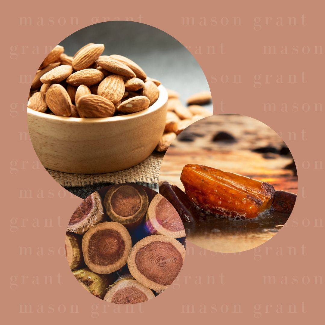 Three circular images of Moroccan Almond, Amber and Cedar on a peach background with ‘Mason Grant’ branding
