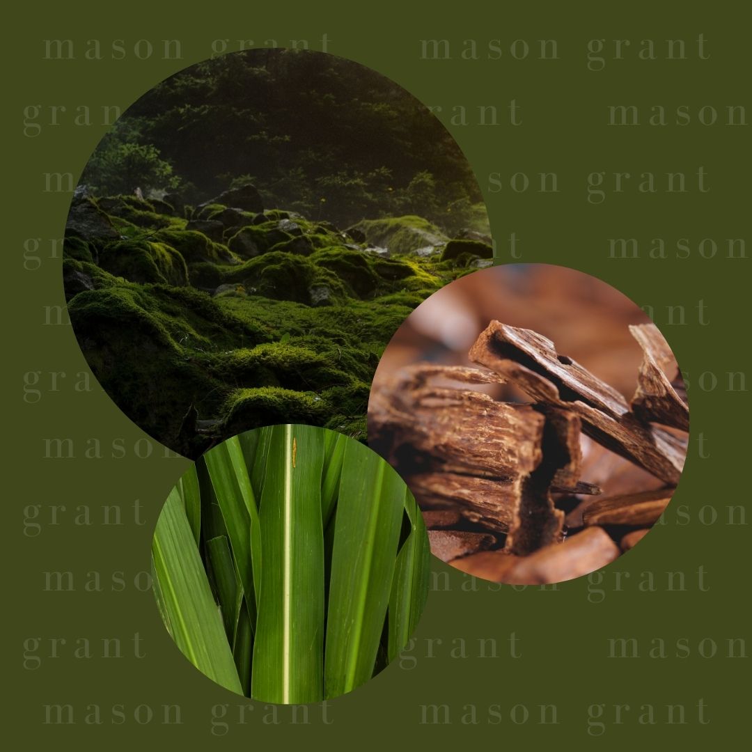 Three circular images of Moss, Oud and Vetiver on a green background with ‘Mason Grant’ branding