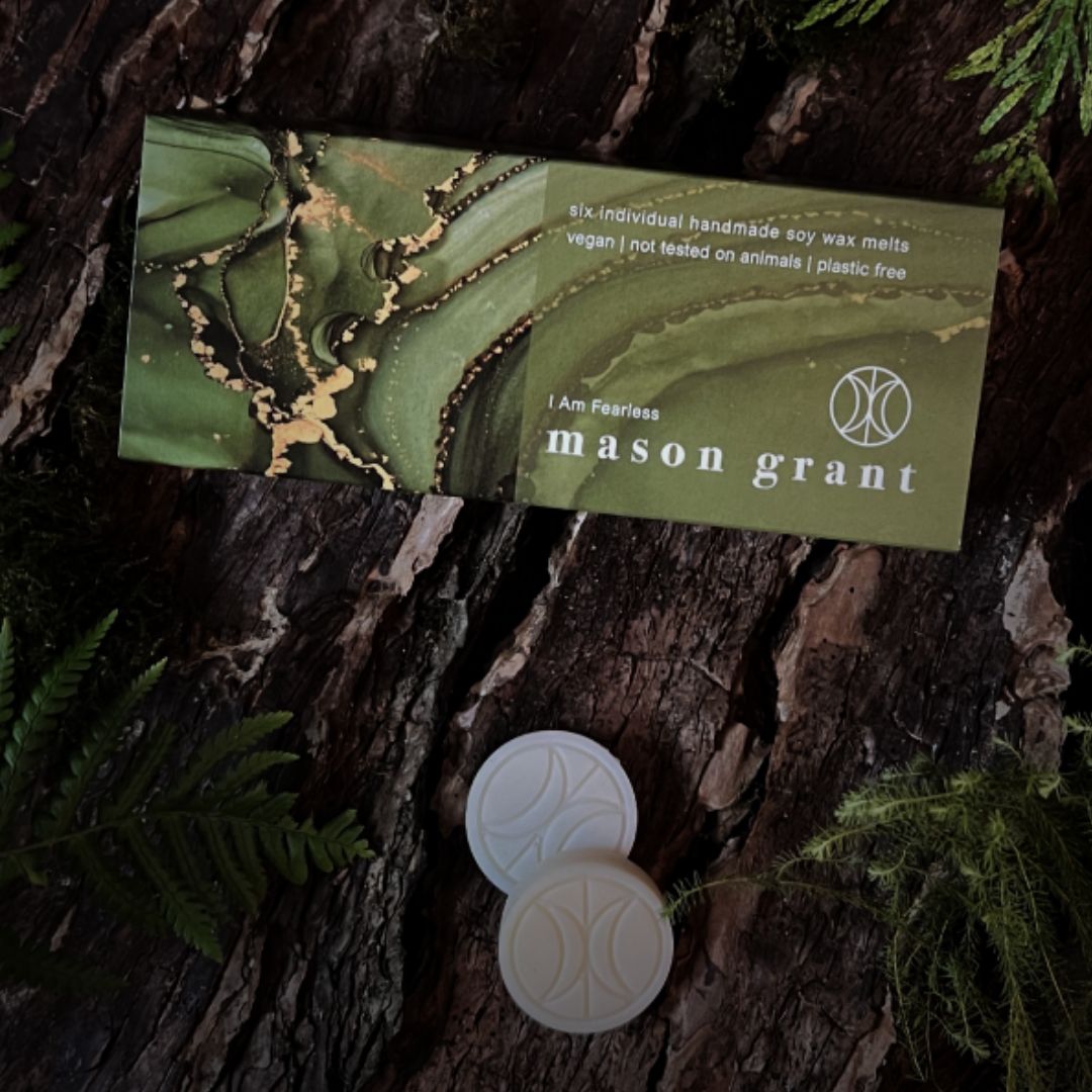 'Mason Grant' Moss, Oud and Vetiver Wax Melts on wood background