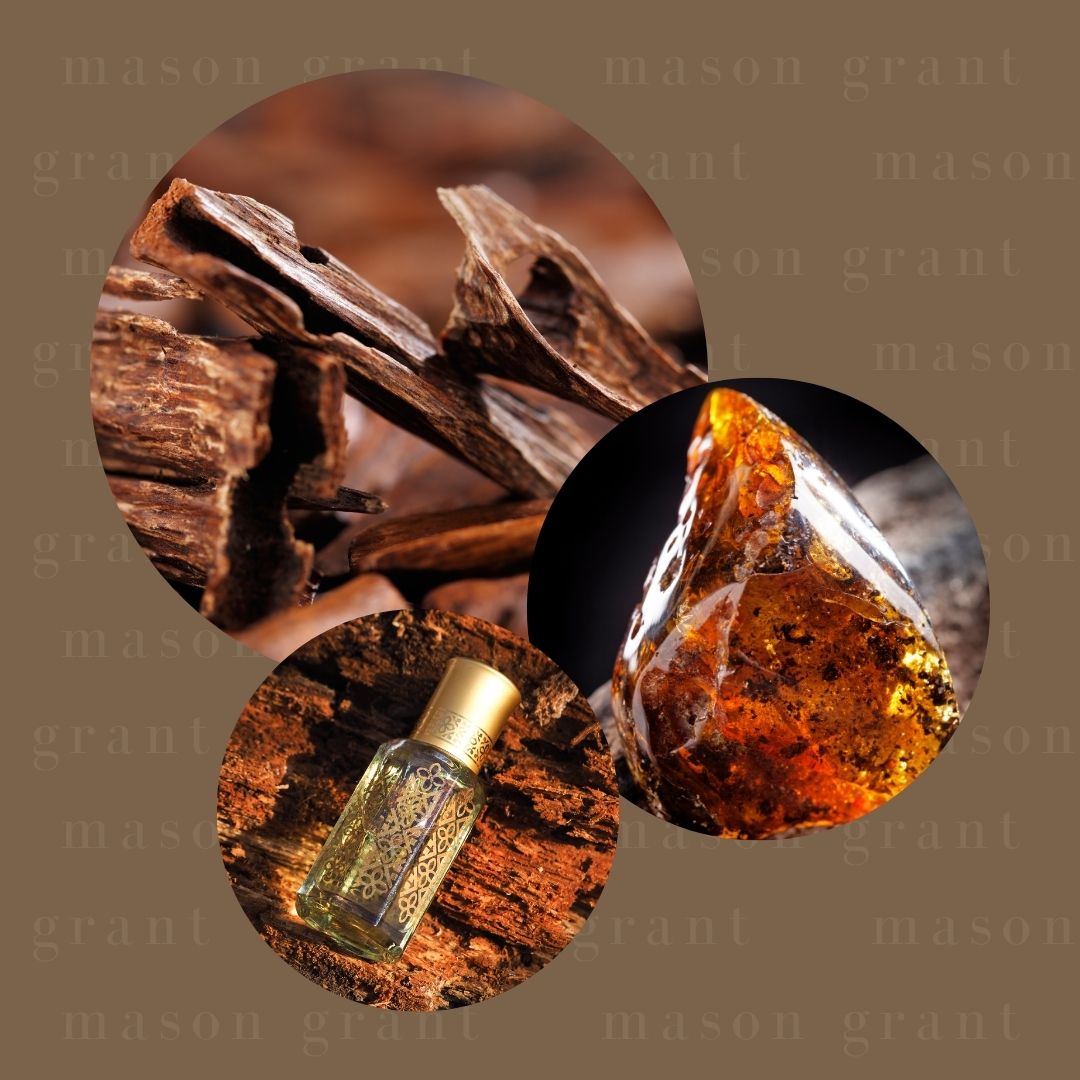 Three circular images of Oud, Amber and Arabian Musk on a brown background with ‘Mason Grant’ branding