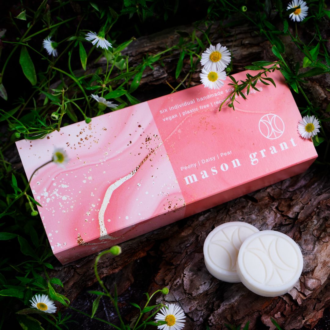 'Mason Grant' Peony, Daisy and Pear Wax Melts on wood background