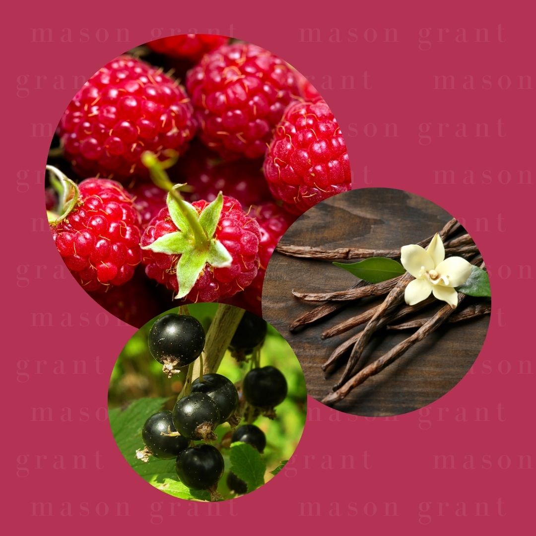 Three circular images of Raspberry, Vanilla and Cassis on a pink background with ‘Mason Grant’ branding