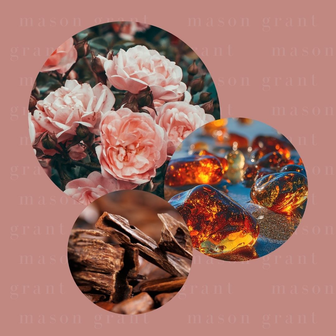 Three circular images of Rose, Amber and Oud on a light pink background with ‘Mason Grant’ branding