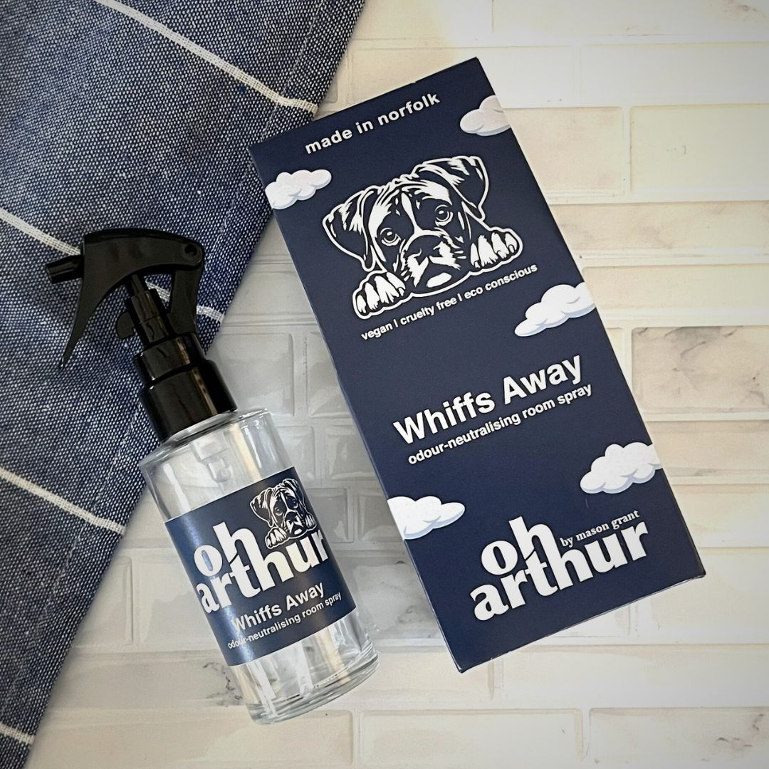 Mason Grant Oh Arthur branded clear glass bottle of Whiffs Away on white tiles with packaging