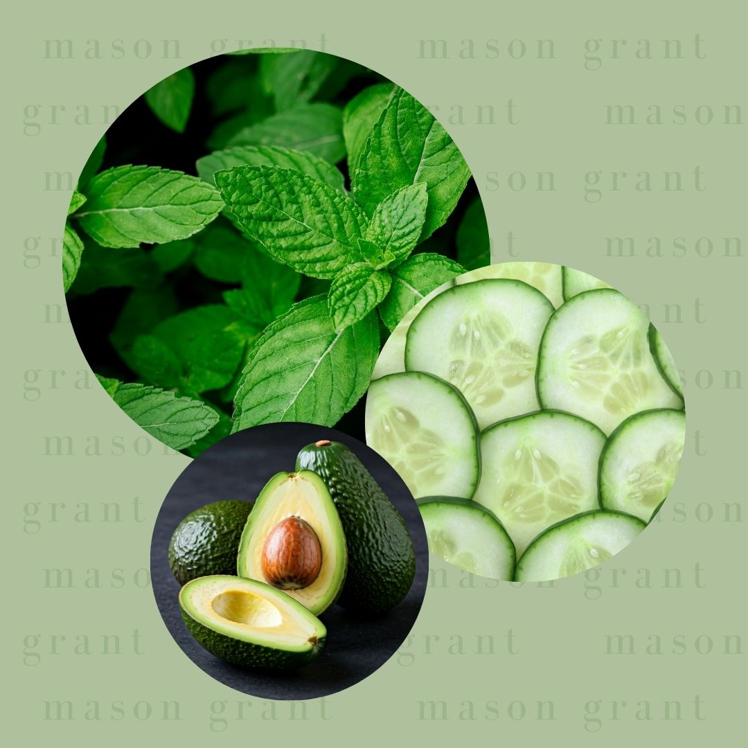 Three circular images of Wild Mint, Cucumber and Avocado on a green background with ‘Mason Grant’ branding