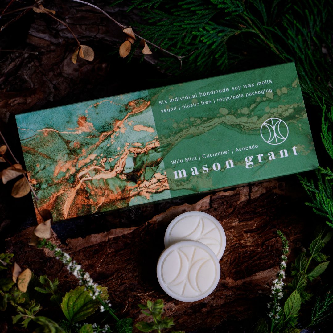'Mason Grant' Wild Mint, Cucumber and Avocado Wax Melts on wood background