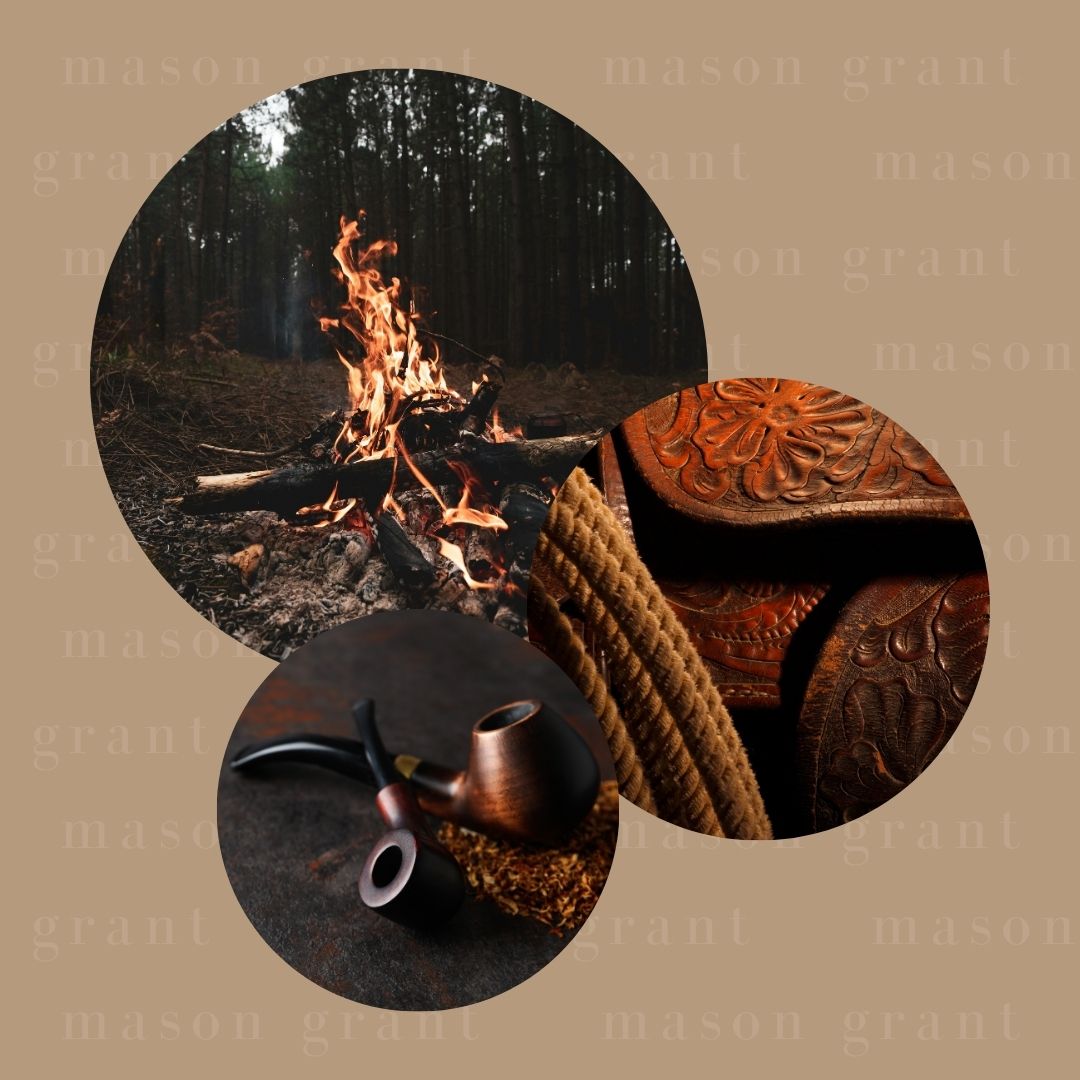 Three circular images of Woodsmoke and Tanned Leather on a brown background with ‘Mason Grant’ branding