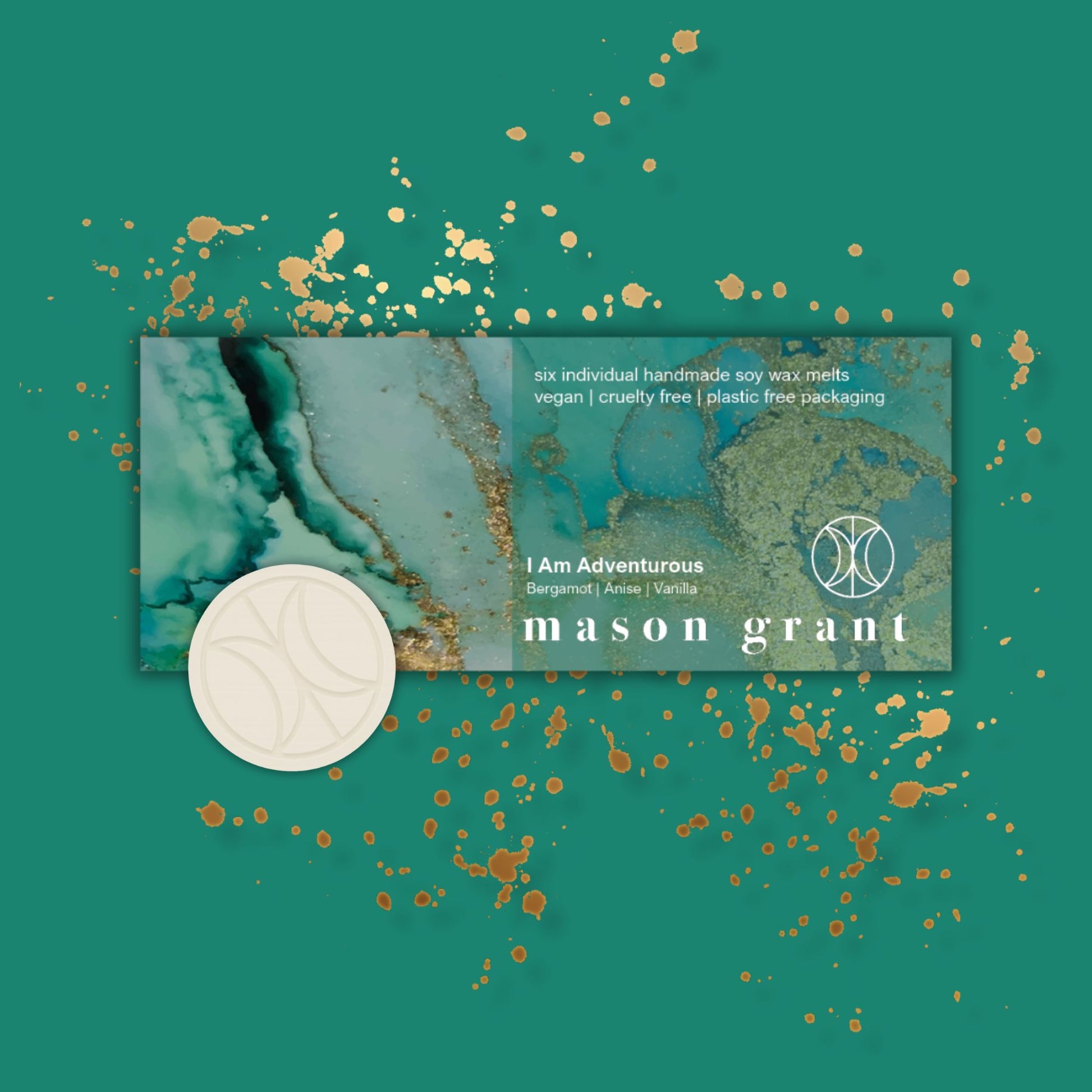 'Mason Grant' Bergamot, Anise and Vanilla Wax Melts on teal background