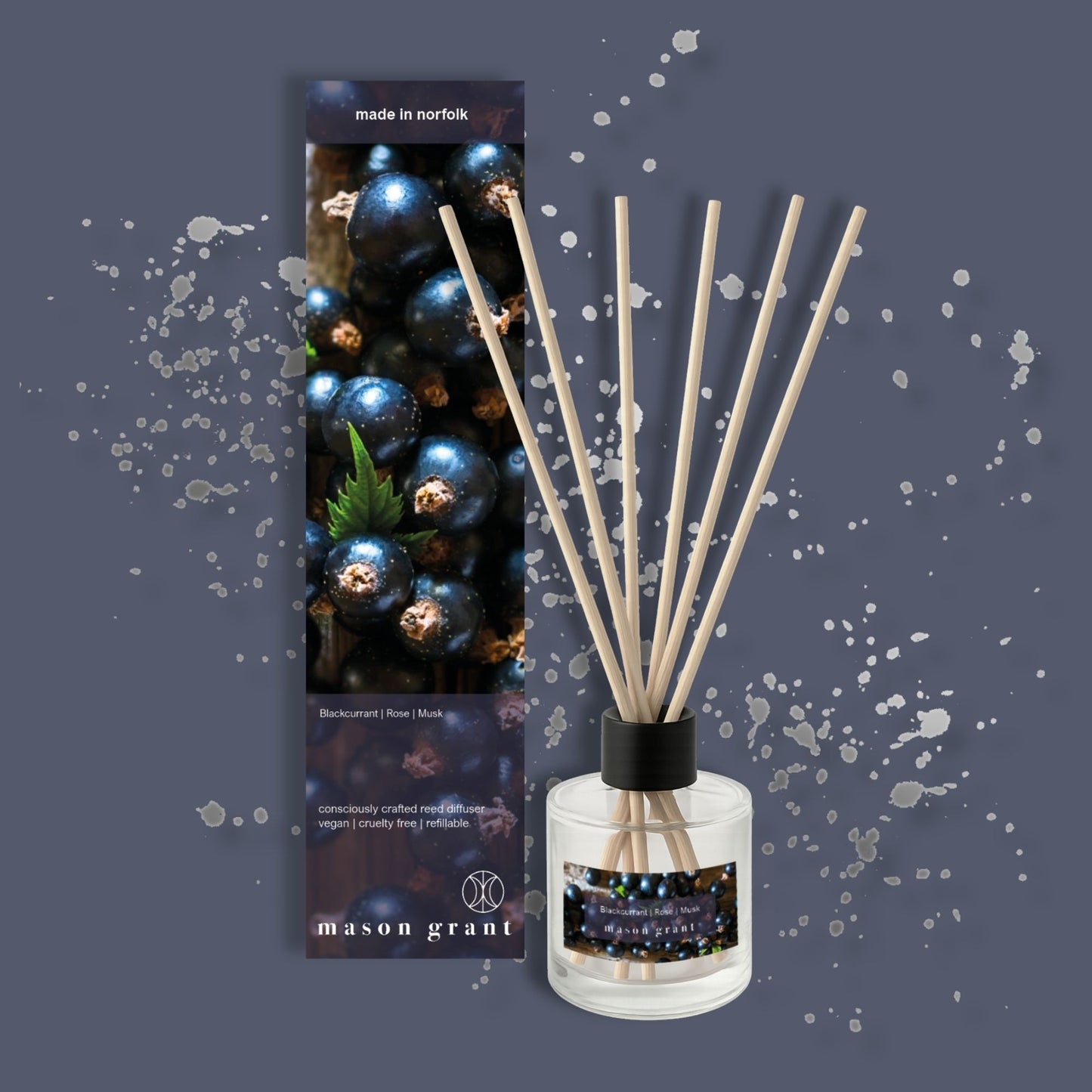 Mason Grant reed diffuser with packaging on a dark blue background