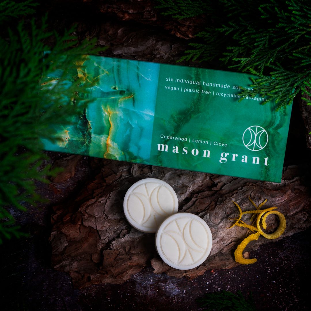 'Mason Grant' Cedarwood, Lemon and Clove Wax Melts on wood background