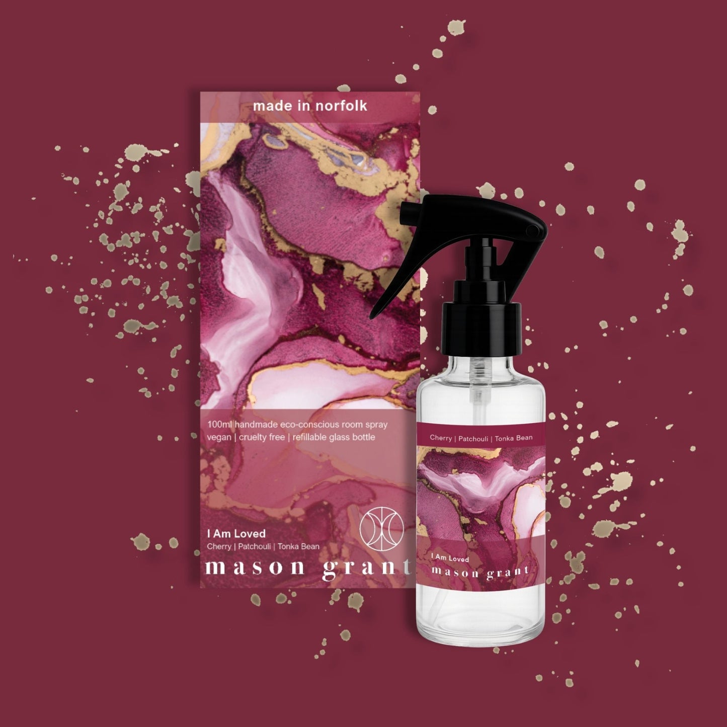 'Mason Grant' Cherry, Patchouli and Tonka Bean Room Spray on maroon background
