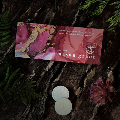 'Mason Grant' Cherry, Patchouli and Tonka Bean Wax Melts on wood background