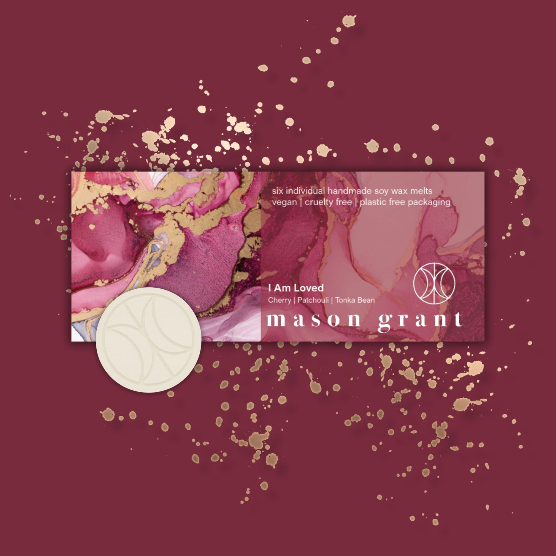 'Mason Grant' Cherry, Patchouli and Tonka Bean Wax Melts on maroon background