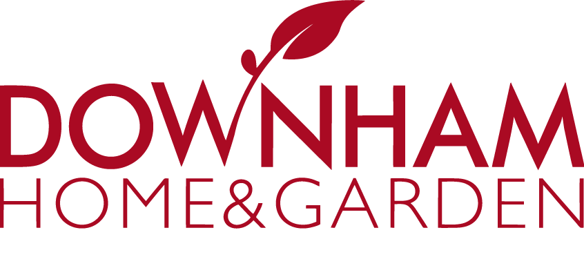 Logo of Downham Home & Garden with red text and a leaf symbol.