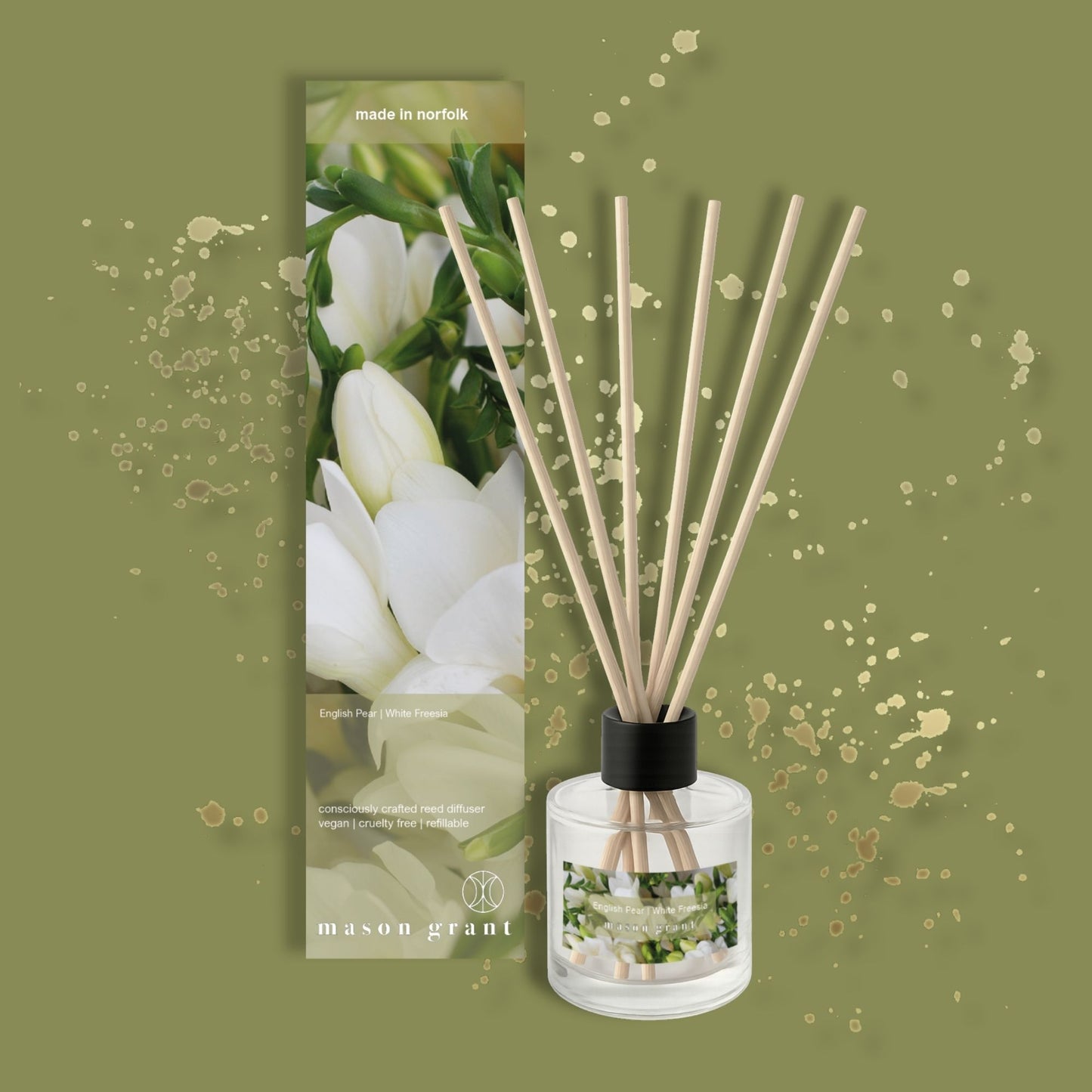 Mason Grant reed diffuser with packaging featuring white flowers on a green background