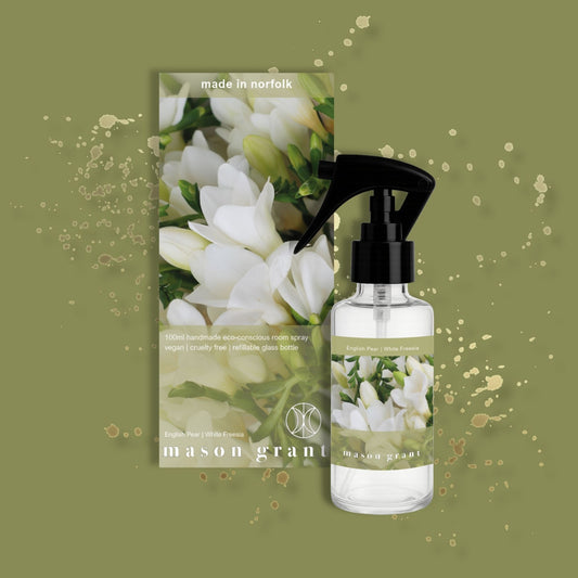 'Mason Grant' English Pear and White Freesia Room Spray on green background