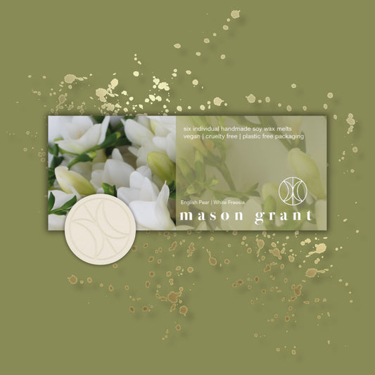 'Mason Grant' English Pear and White Freesia Wax Melts on green background