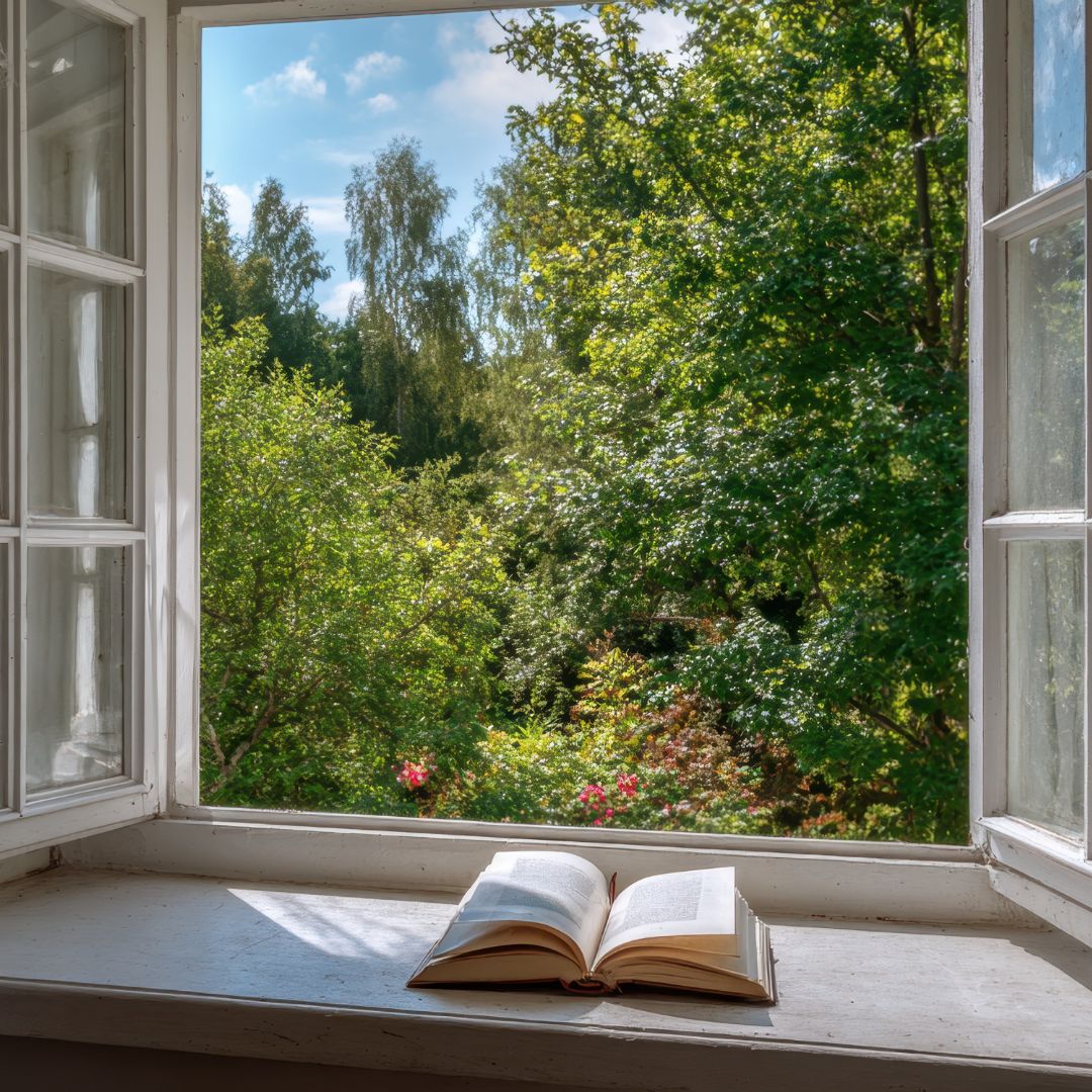 Open book on a windowsill with a view of green trees outside