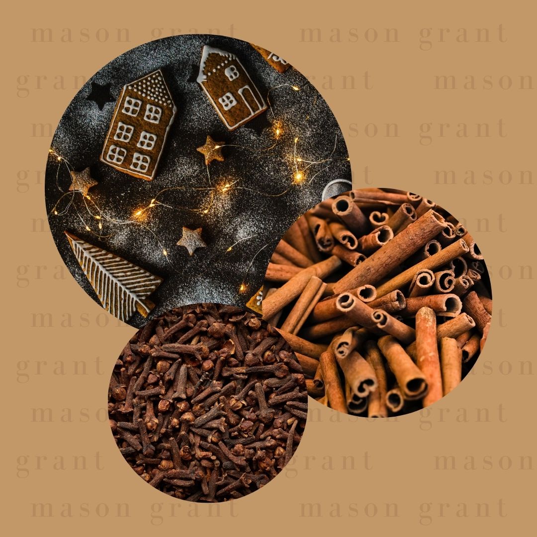 Three circular images of Ginger, Cinnamon and Clove on a light brown background with ‘Mason Grant’ branding