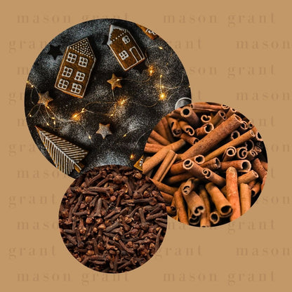 Three circular images of Ginger, Cinnamon and Clove on a light brown background with ‘Mason Grant’ branding