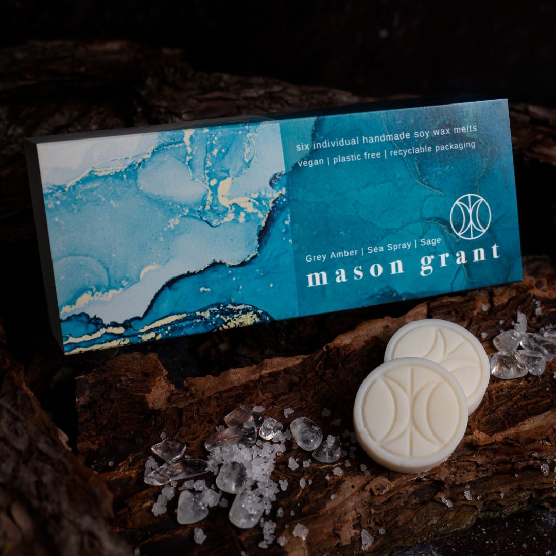 'Mason Grant' Grey Amber, Sea Spray and Sage Wax Melts on wood background