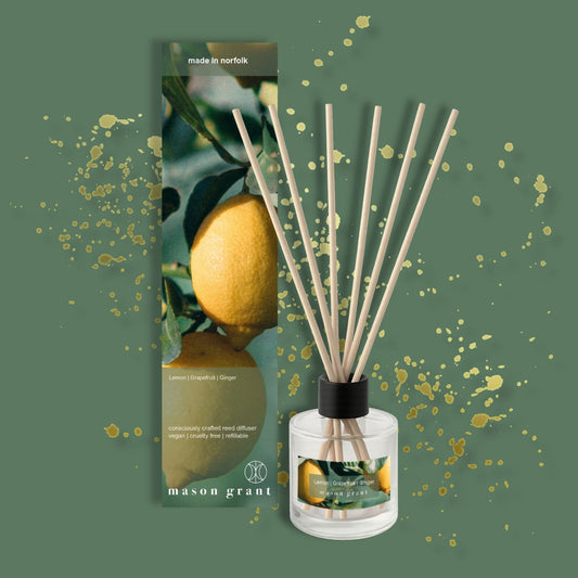 Mason Grant reed diffuser with packaging on a green background