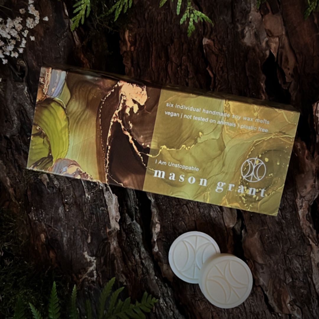 'Mason Grant' Lemon, White Lily and Ginger Wax Melts on wood background