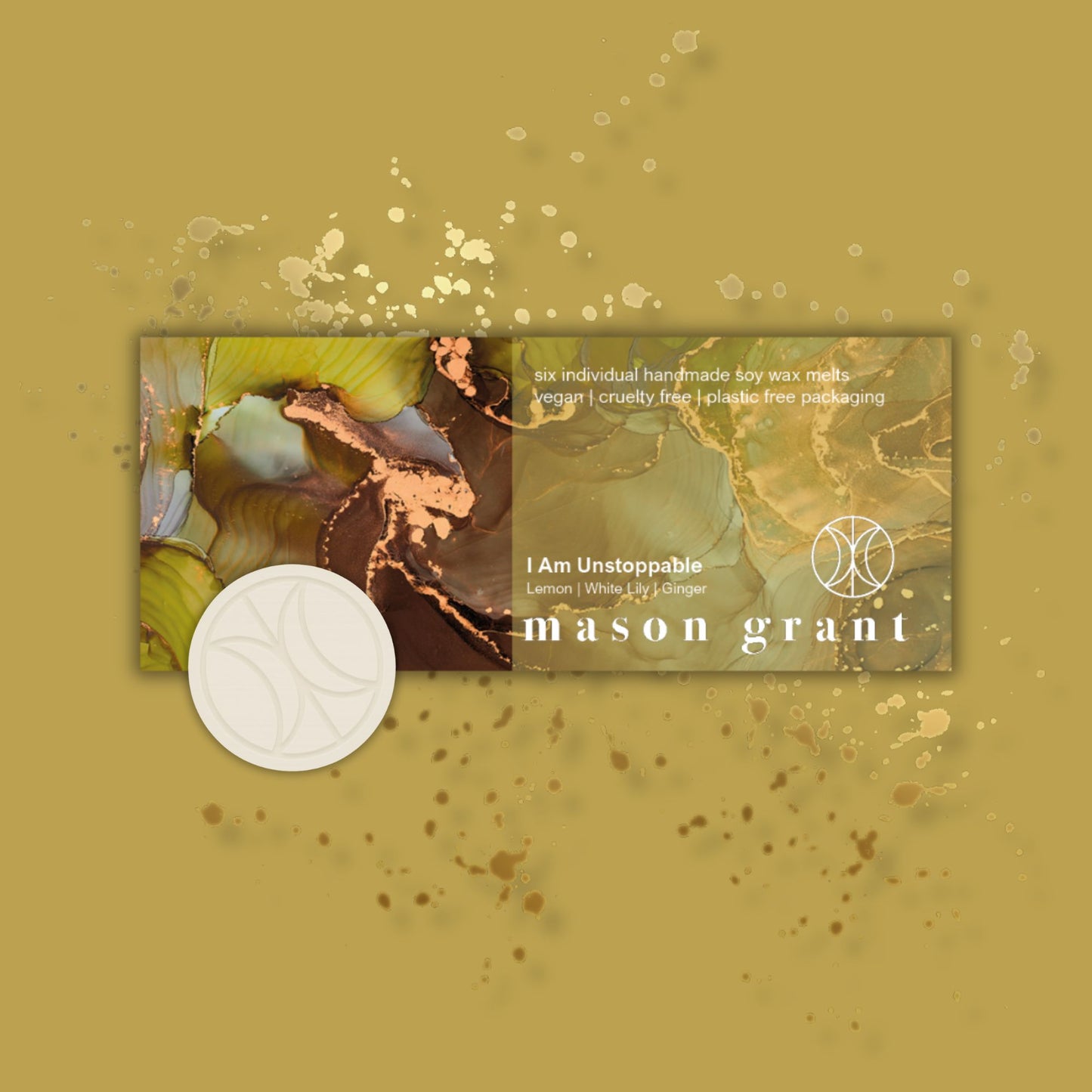 'Mason Grant' Lemon, White Lily and Ginger Wax Melts on yellow background