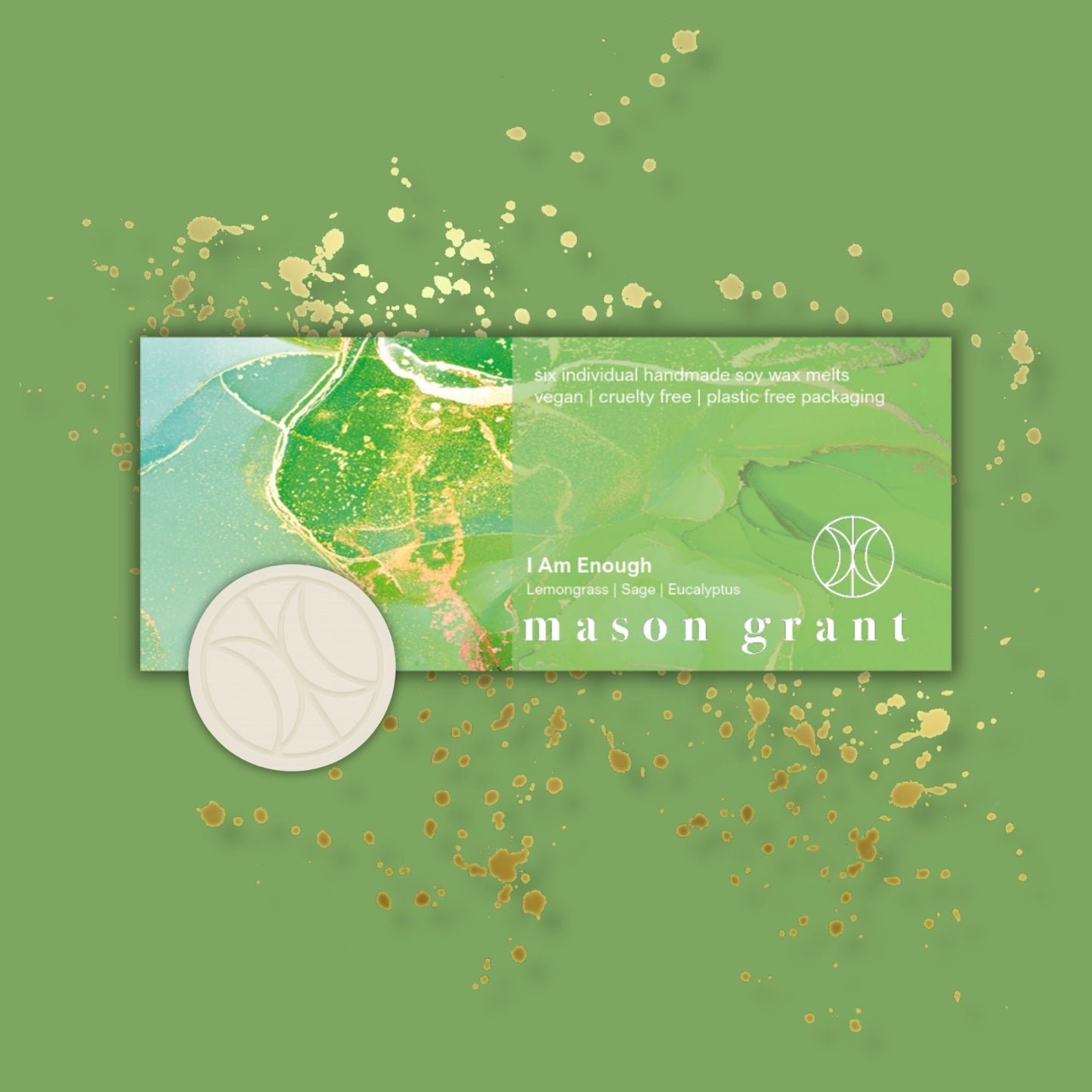'Mason Grant' Lemongrass, Sage and Eucalyptus Wax Melts on green background