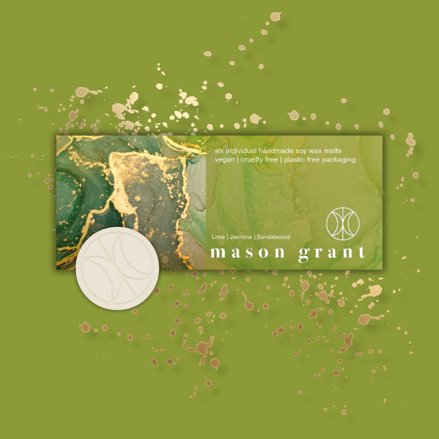'Mason Grant' Lime, Jasmine and Sandalwood Wax Melts on green background