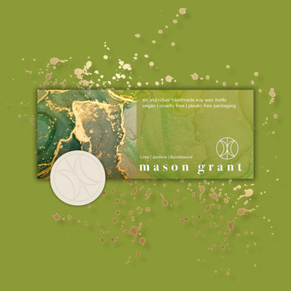'Mason Grant' Lime, Jasmine and Sandalwood Wax Melts on green background
