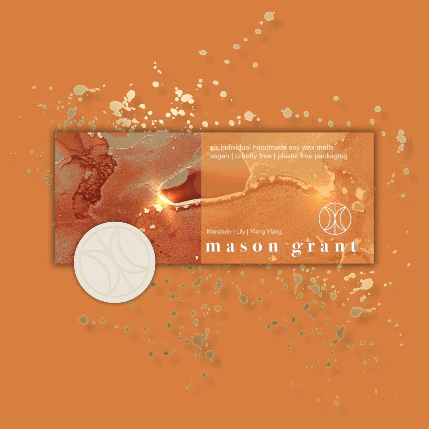 'Mason Grant' Mandarin, Lily and Ylang Ylang Wax Melts on orange background