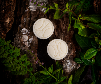 Close up of Mason Grant wax melts sitting on wood surrounded by green plants