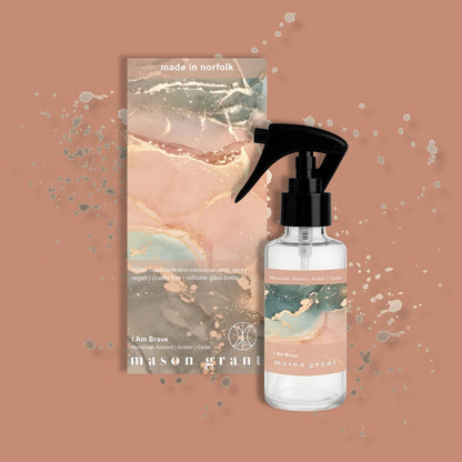 'Mason Grant' Moroccan Almond, Amber and Cedar Room Spray on peach background
