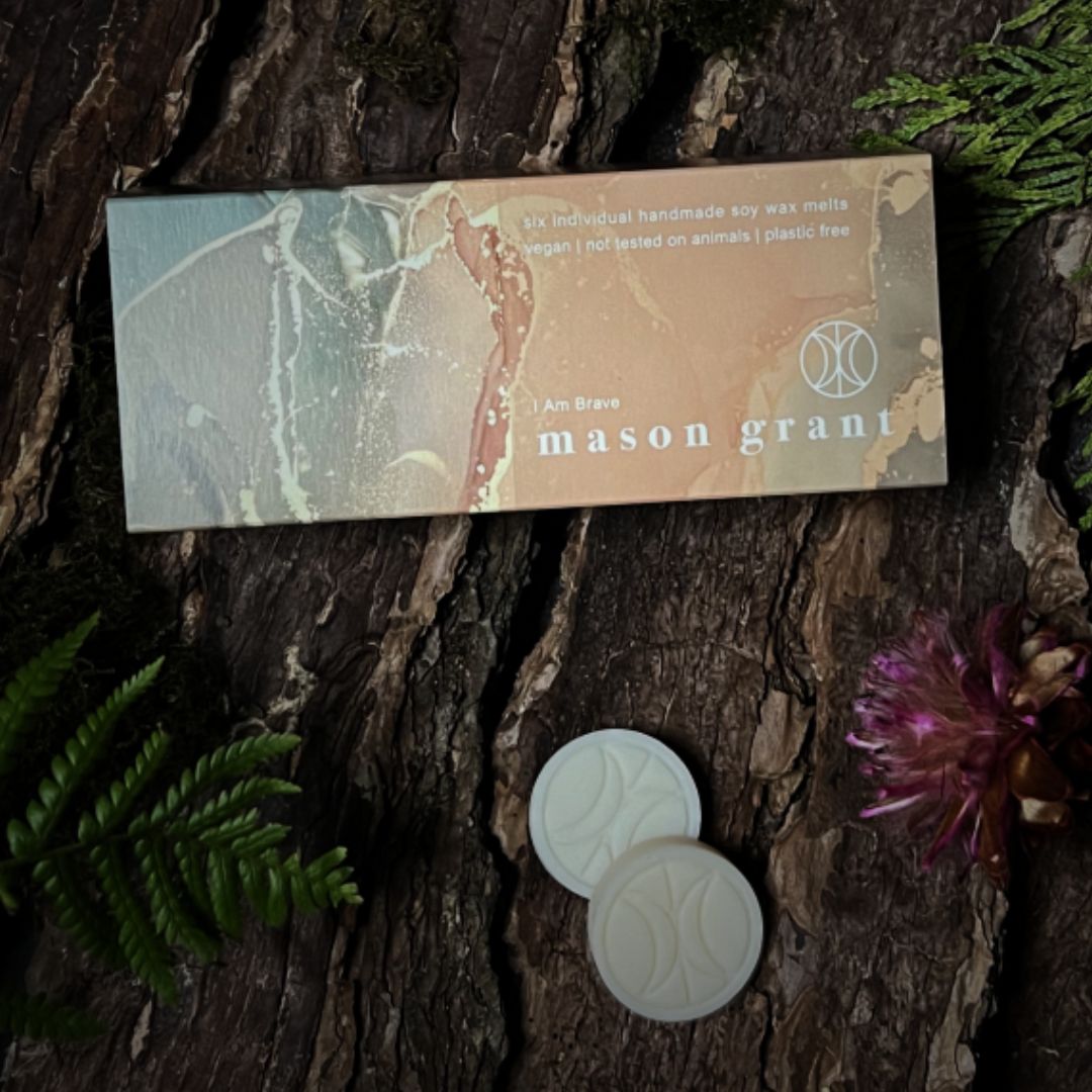 'Mason Grant' Moroccan Almond, Amber and Cedar Wax Melts on wood background