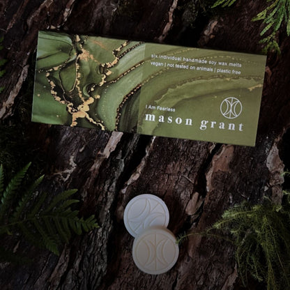 'Mason Grant' Moss, Oud and Vetiver Wax Melts on wood background