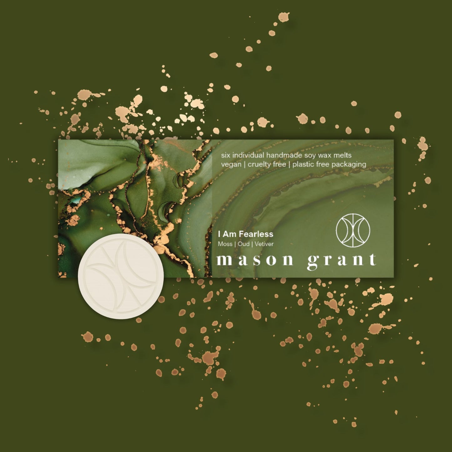 'Mason Grant' Moss, Oud and Vetiver  Wax Melts on green background
