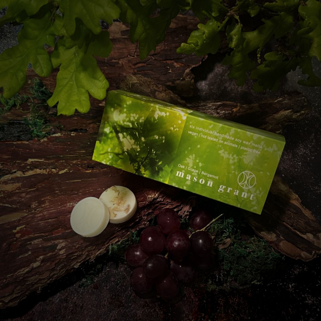 'Mason Grant' Oak, Grape and Bergamot Wax Melts on wood background