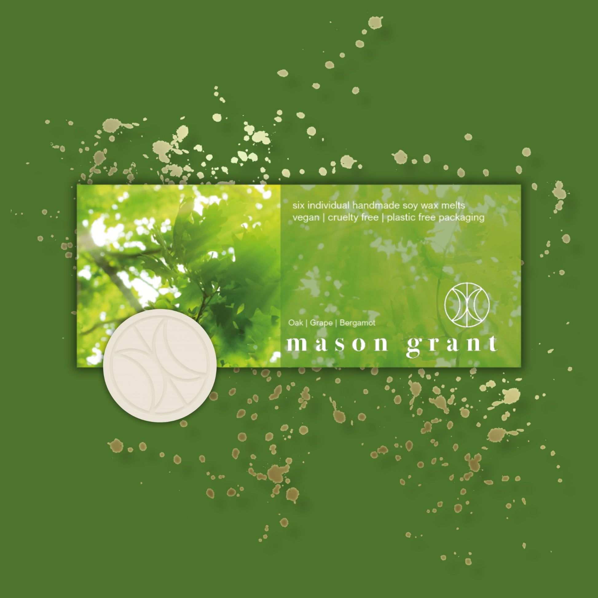 'Mason Grant' Oak, Grape and Bergamot Wax Melts on green background