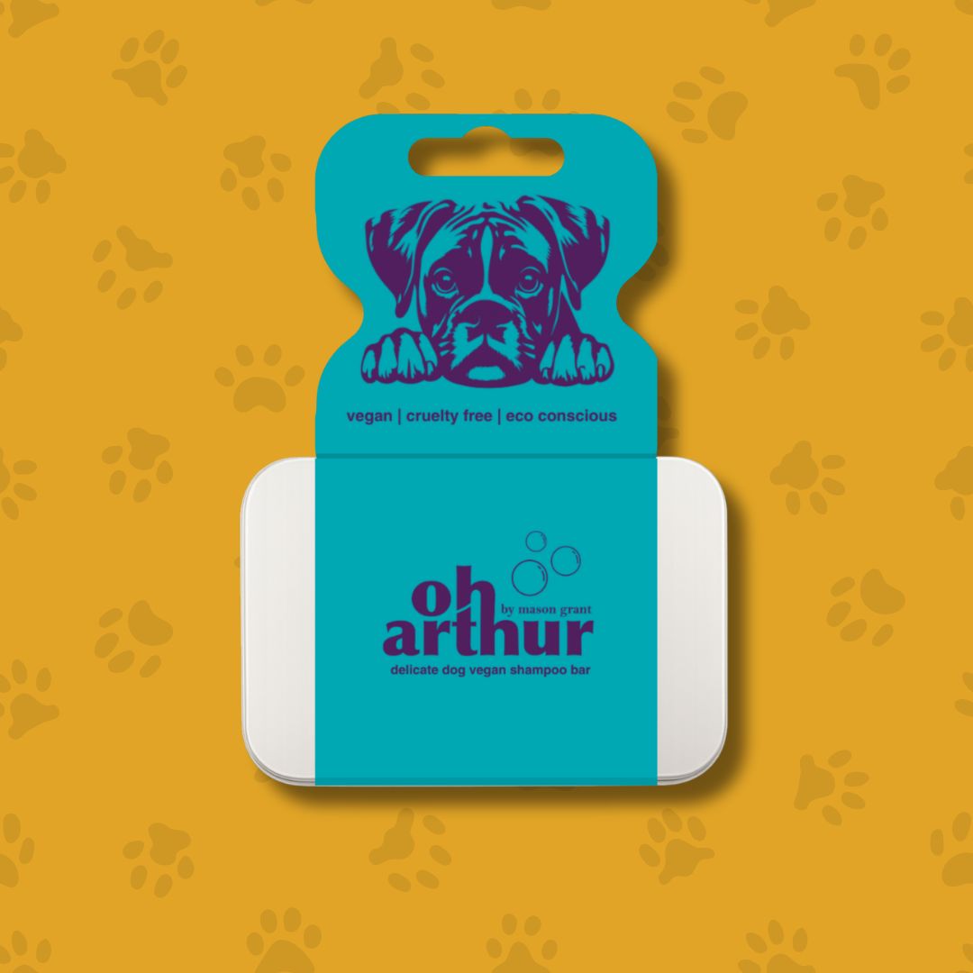 Dog shampoo bar with blue packaging on a yellow background