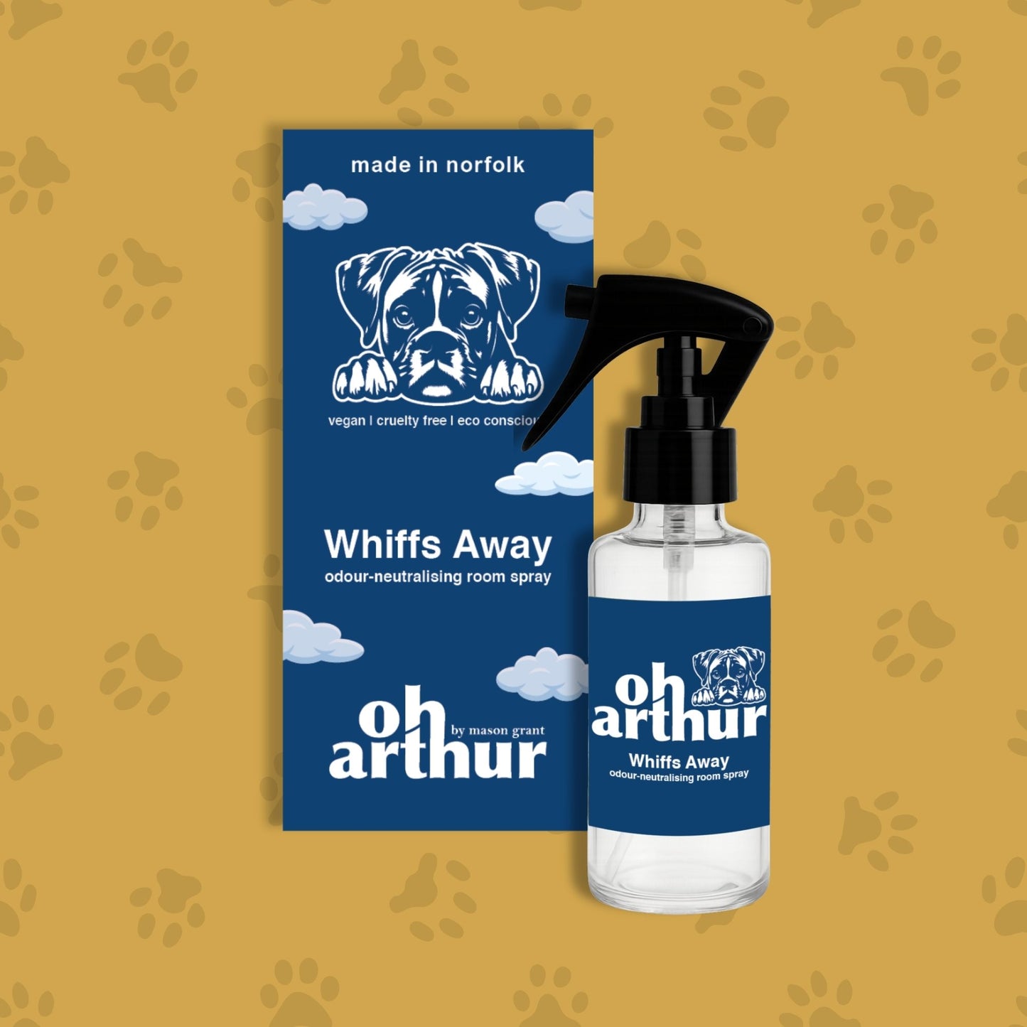 Oh Arthur Whiffs Away room spray bottle and packaging on a yellow background with paw prints.