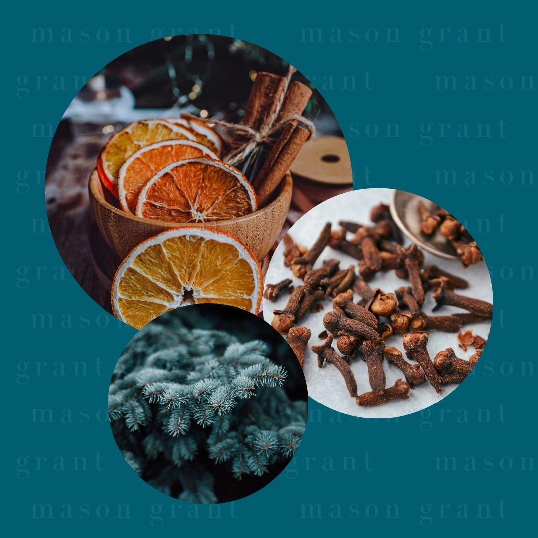 Three circular images of Orange, Clove and White Woods on a blue background with ‘Mason Grant’ branding